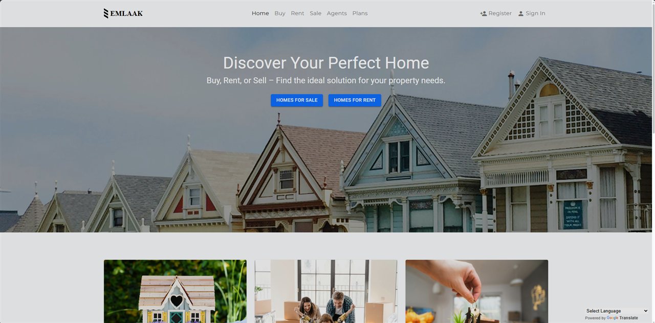 Emlaak — homepage hero with property search