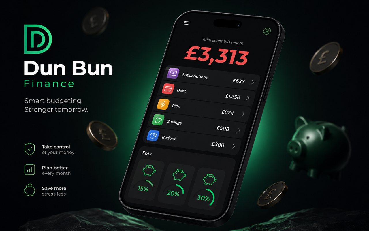 Dun Bun Finance — brand hero with dashboard and savings pots
