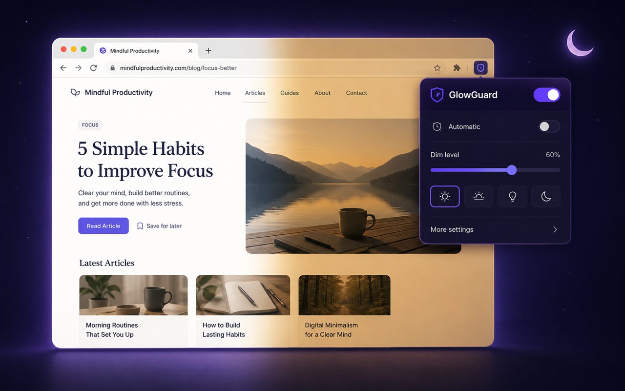 GlowGuard — browser page half-dimmed with the extension popup open