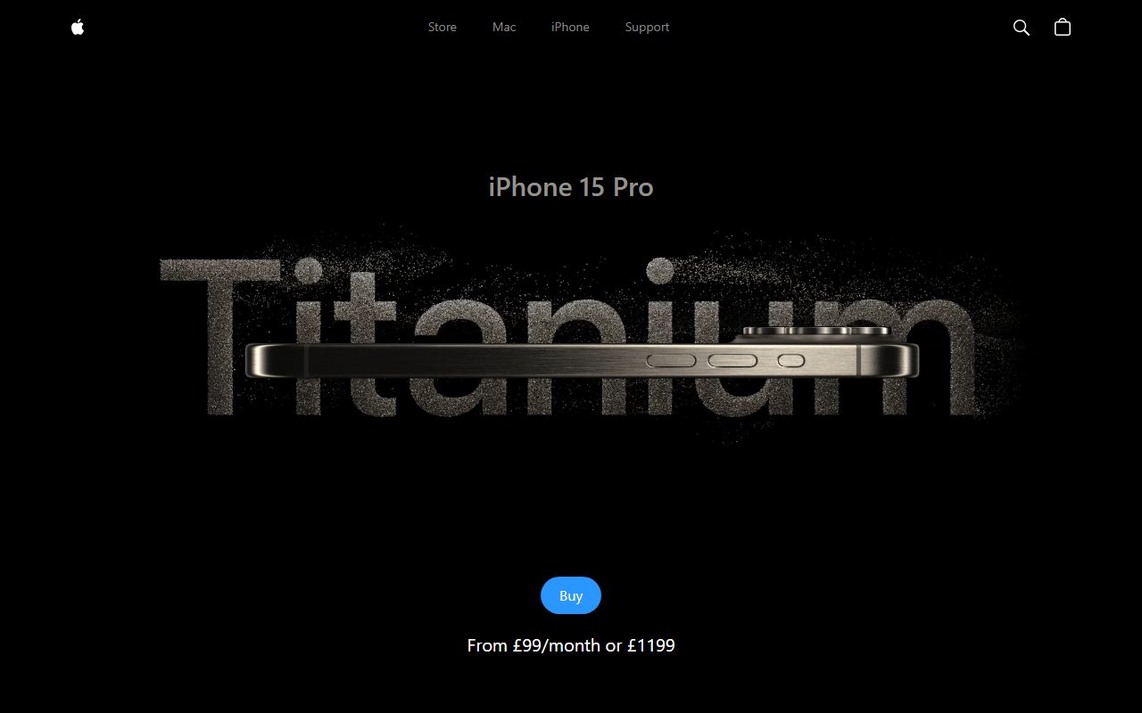 iPhone 15 Pro page — titanium hero with 3D phone model