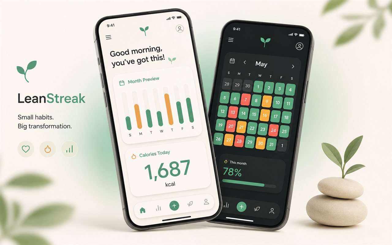 LeanStreak — brand hero with light and dark phones